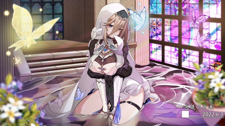 1girl 2022 absurdres aponia_(honkai_impact) bangs blue_butterfly blue_eyes blurry blurry_foreground breasts brown_hair bug butterfly closed_mouth flower full_body hair_between_eyes highres honkai_(series) honkai_impact_3rd in_mouth indoors large_breasts long_hair long_sleeves nun pink_butterfly plant seiza siji_de_xianhua sitting soaking_feet solo vase veil white_flower window yellow_butterfly