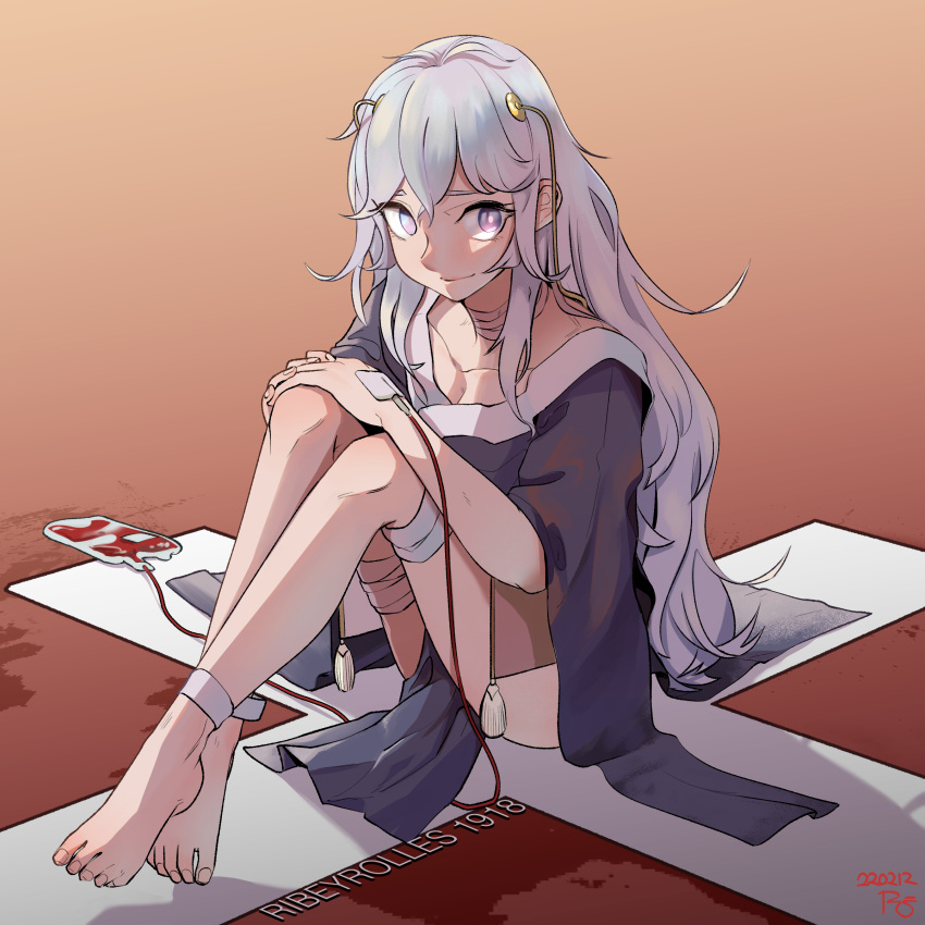 1girl absurdres bandaged_leg bandages bandaid bandaid_on_neck bangs barefoot blood blood_bag blue_shirt character_name closed_mouth collarbone eyebrows_visible_through_hair full_body girls'_frontline highres legs long_hair looking_at_viewer on_floor purple_eyes radish_p ribeyrolles_(girls'_frontline) shirt simple_background smile solo toes white_hair