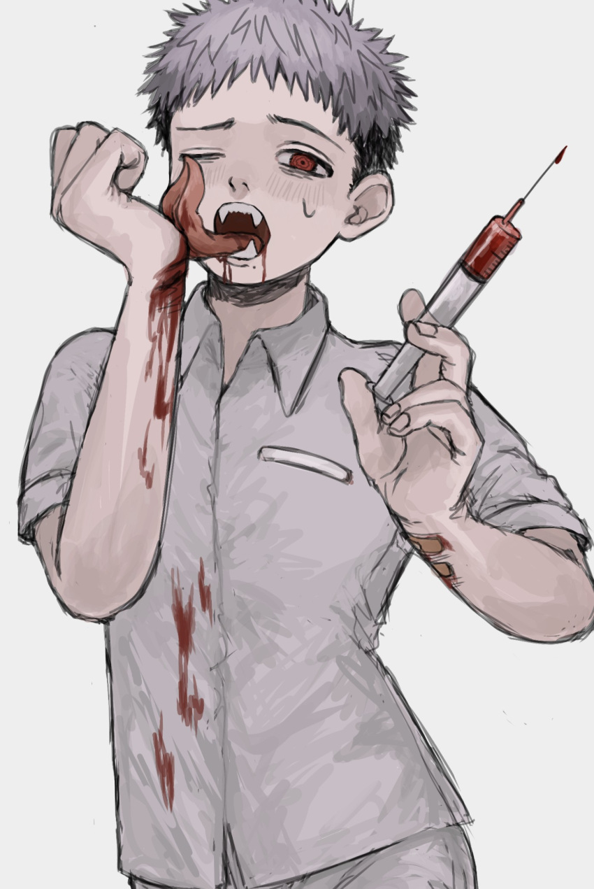 1boy bandaid bandaid_on_arm bleeding blood blood_from_mouth blood_on_arm blush fingernails gakudayo grey_background grey_hair highres holding holding_syringe licking_blood long_tongue male_focus mole mole_under_mouth one_eye_closed original red_eyes self_harm simple_background solo sweat syringe tongue tongue_out vampire