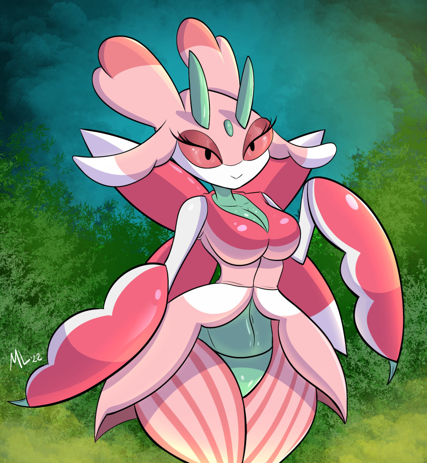 absurd_res ameizinglewds antennae_(anatomy) anthro bedroom_eyes big_breasts breasts cleavage clothed clothing female hi_res lurantis multicolored_body narrowed_eyes nintendo pok&eacute;mon pok&eacute;mon_(species) seductive smile solo thick_thighs video_games wide_hips