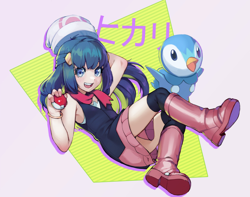 1girl arm_behind_head arm_up armpit_crease bangs beanie black_legwear black_shirt blue_eyes blue_hair blush boots bracelet breasts character_name dawn_(pokemon) dutch_angle full_body hair_ornament hairclip hand_up hat highres holding jewelry k-rha's katakana kneehighs long_hair looking_at_viewer lying on_back open_mouth pink_footwear pink_scarf pink_skirt piplup poke_ball poke_ball_print pokemon pokemon_(game) pokemon_dppt scarf shiny shiny_clothes shiny_hair shirt sidelocks skirt sleeveless sleeveless_shirt small_breasts teeth thighs translated upper_teeth white_headwear