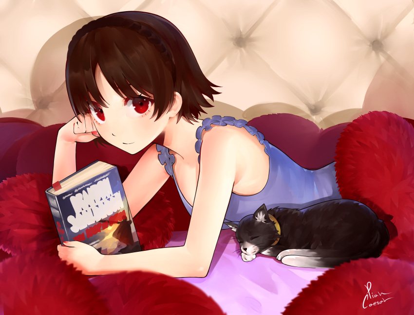 1girl absurdres arm_support artist_name bag bangs bare_shoulders black_cat book bookmark braid breasts brown_hair camisole cat closed_mouth commentary crown_braid expressionless headboard highres holding holding_bag holding_book looking_at_viewer lying morgana_(persona_5) niijima_makoto on_bed on_stomach persona persona_5 piancaesar pillow purple_camisole red_eyes romaji_commentary shadow short_hair signature sleeping small_breasts solo upper_body