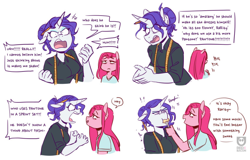 anthro anthrofied comic dialogue earth_pony eating english_text equid equine female food_in_mouth friendship_is_magic hair hi_res horn horse mammal mochi my_little_pony pink_hair pinkamena_(mlp) pinkie_pie_(mlp) pony purple_hair rarity_(mlp) redxbacon simple_background straight_hair tape_measure text unicorn white_background