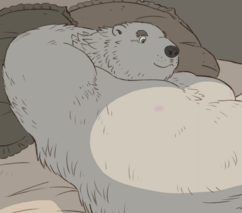 2022 anthro bed belly black_nose fur furniture gadoran kemono lying male mammal nipples overweight overweight_male pillow polar_bear solo ursid ursine white_body white_fur