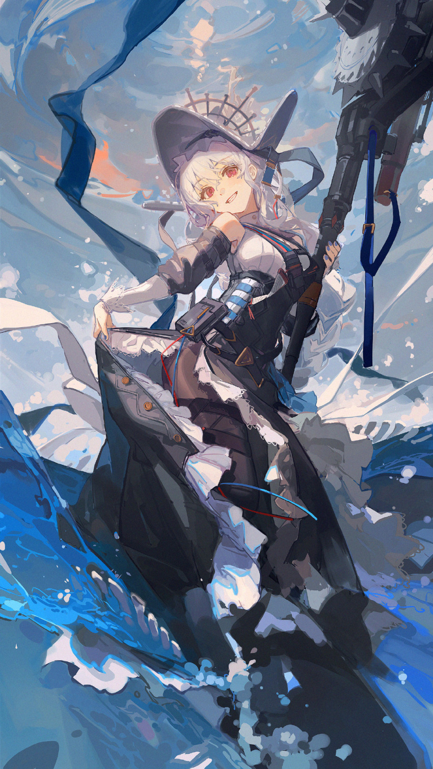 1girl arknights black_dress black_headwear black_legwear ciloranko clenched_teeth dress grin hat headgear highres holding long_hair looking_at_viewer official_alternate_costume pantyhose red_eyes saw smile solo specter_(arknights) specter_the_unchained_(arknights) teeth two-tone_dress underwater water white_dress white_hair
