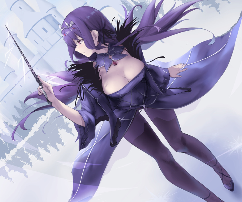 1girl breasts brooch castle cleavage closed_mouth den_(kur0_yuki) detached_collar dress electricity facing_viewer fate/grand_order fate_(series) floating_hair fur_trim gem hand_up highres holding holding_wand jewelry large_breasts long_hair looking_away looking_to_the_side outdoors pantyhose profile purple_dress purple_eyes purple_hair purple_legwear scathach_(fate) scathach_skadi_(fate) solo tiara wand water wide_sleeves wind wind_lift