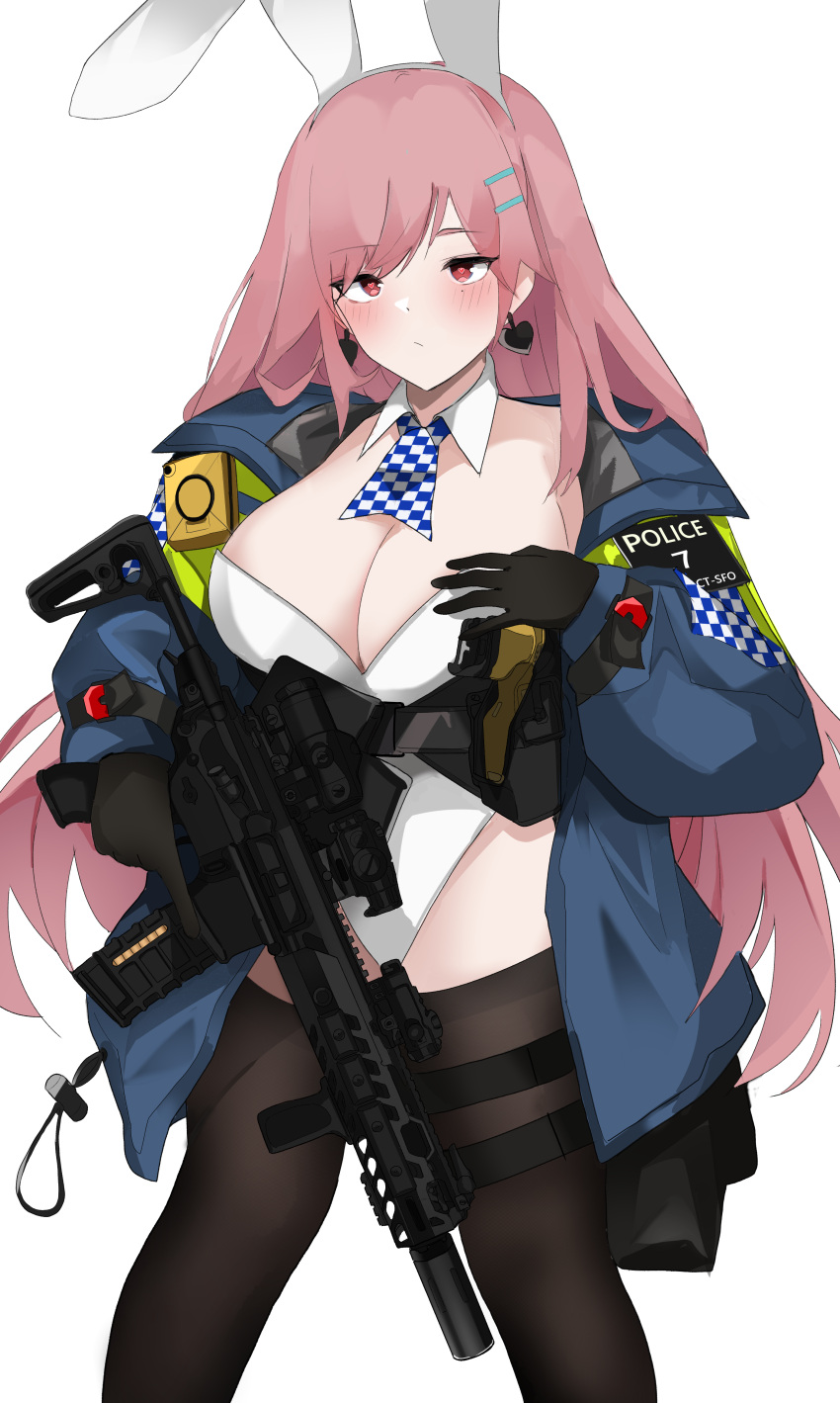 1girl absurdres alternate_costume ammunition_pouch animal_ears ascot assault_rifle bangs black_gloves black_legwear blue_jacket blush closed_mouth earrings eyebrows_visible_through_hair fake_animal_ears feet_out_of_frame girls'_frontline gloves gun hair_ornament hairclip hand_on_own_chest heart heart_earrings highres holding holding_gun holding_weapon holster jacket jewelry leotard long_hair looking_at_viewer mole mole_under_eye open_clothes open_jacket pink_hair playboy_bunny police police_uniform policewoman pouch pz-15 rabbit_ears red_eyes rifle sig_mcx_(girls'_frontline) sig_sauer_mcx solo standing thighhighs uniform weapon white_background white_leotard