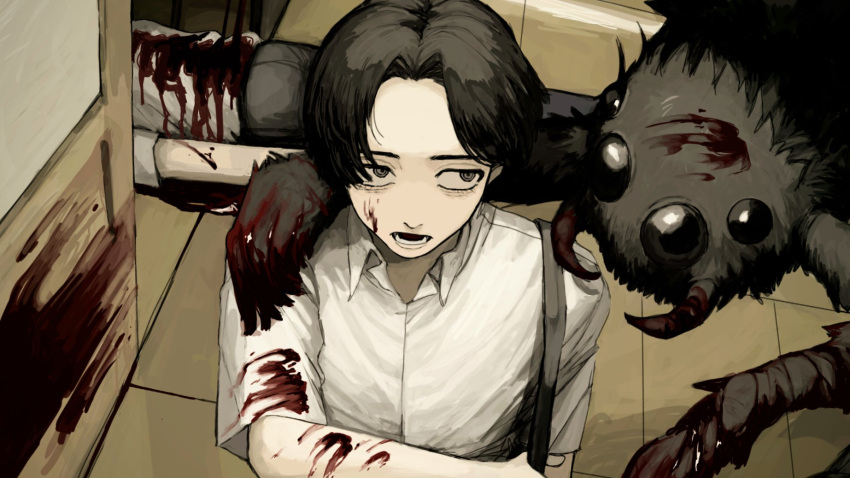 1boy 1other animal black_hair blood blood_on_arm blood_on_clothes blood_on_face bug death fangs gakudayo grey_eyes hand_on_another's_shoulder highres horror_(theme) indoors lower_teeth lying on_floor on_stomach open_mouth original oversized_animal pool_of_blood puddle smeared_blood spider teeth wooden_floor