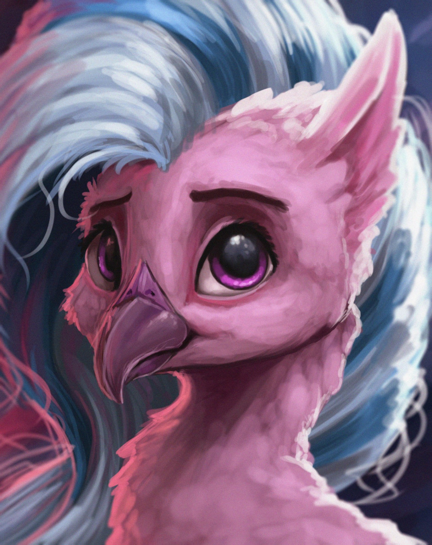 avian beak blue_hair chest_tuft digital_media_(artwork) ear_tuft european_mythology eyebrows feathers female feral fluffy friendship_is_magic greek_mythology hair hasbro hi_res hippogriff my_little_pony mythological_avian mythology pink_body pink_eyes pink_feathers portrait ryanmandraws silverstream_(mlp) smile solo tuft