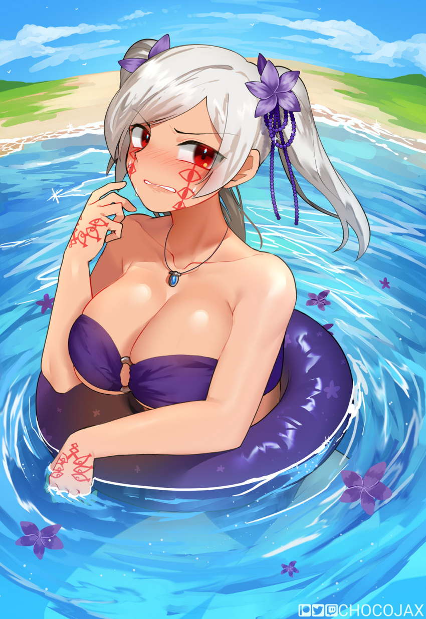 1girl artist_name bare_shoulders bikini birthmark blush breasts chocojax cleavage collarbone dark_persona eyebrows_visible_through_hair eyes_of_grima facial_mark fire_emblem fire_emblem_awakening fire_emblem_heroes flower full-face_blush grey_hair grima_(fire_emblem) hair_flower hair_ornament highres innertube jewelry large_breasts looking_at_viewer necklace o-ring o-ring_bikini o-ring_top official_alternate_costume partially_submerged robin_(fire_emblem) robin_(fire_emblem)_(female) solo swimsuit twintails water