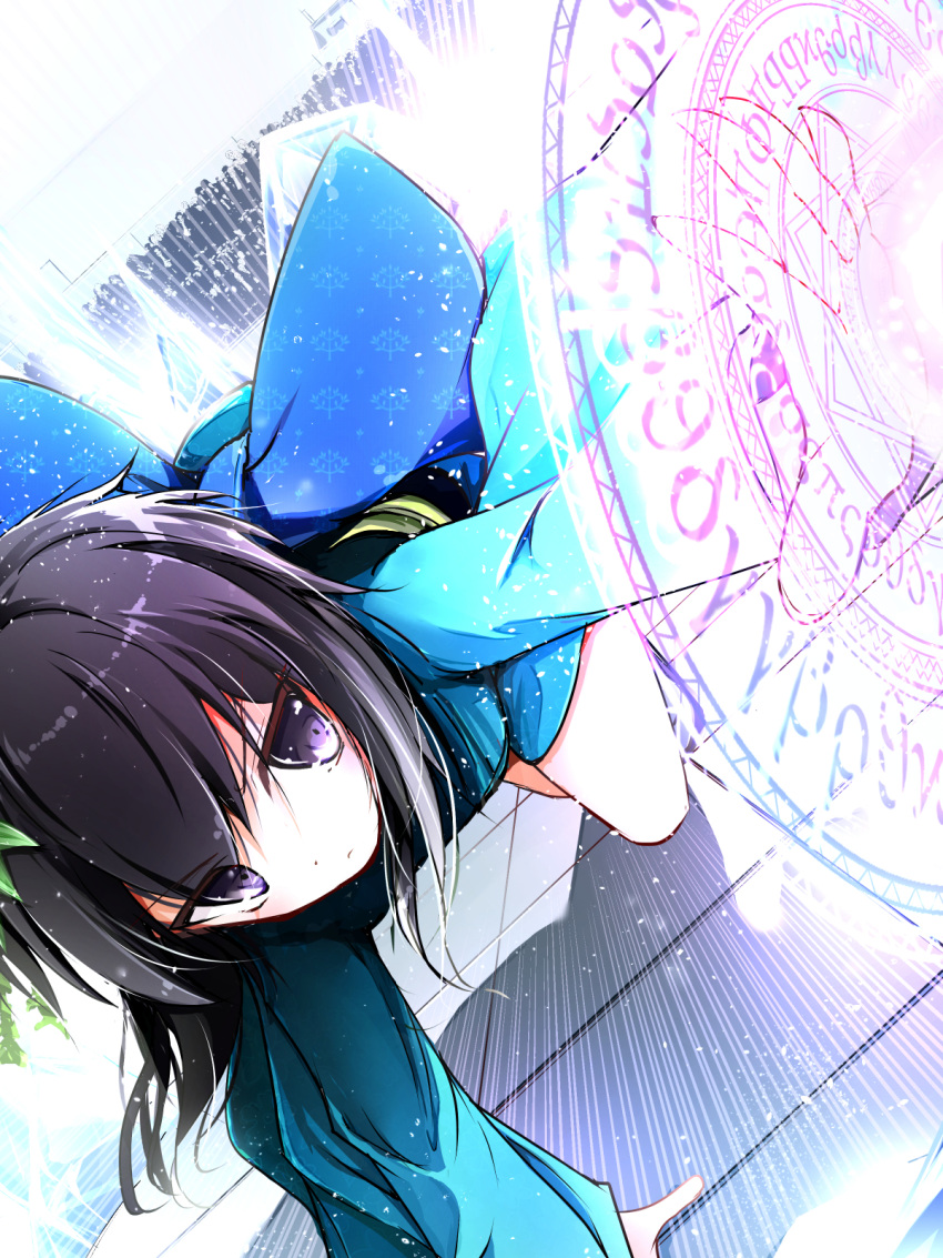 1girl arm_support black_hair highres japanese_clothes kimono kitayama_shizuku magic_circle mahouka_koukou_no_rettousei purple_eyes ro_risu short_hair sidelocks solo