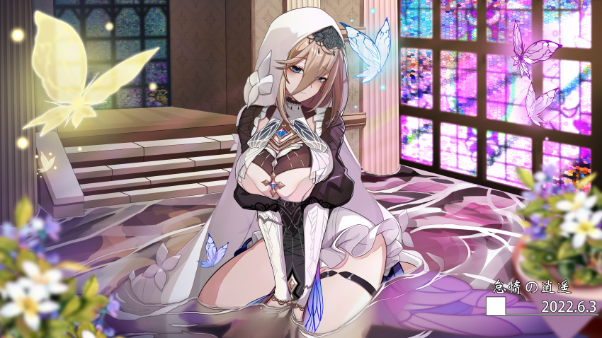 1girl 2022 absurdres aponia_(honkai_impact) bangs blue_butterfly blue_eyes blurry blurry_foreground breasts brown_hair bug butterfly closed_mouth flower full_body hair_between_eyes highres honkai_(series) honkai_impact_3rd indoors large_breasts long_hair long_sleeves nun pink_butterfly plant seiza siji_de_xianhua sitting soaking_feet solo vase veil white_flower window yellow_butterfly