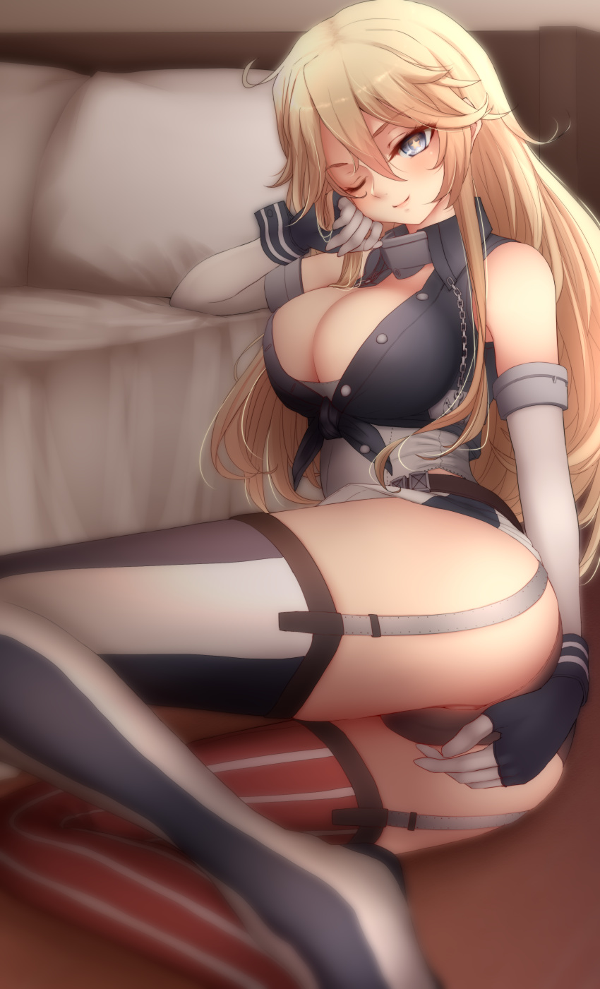 1girl absurdres american_flag american_flag_legwear american_flag_print bed bed_sheet belt black_panties blonde_hair blue_eyes blush breasts elbow_gloves fingerless_gloves flag_print gloves highres indoors iowa_(kancolle) kantai_collection large_breasts lips long_hair looking_at_viewer miniskirt nuka_(nvkka) one_eye_closed panties skirt smile solo star-shaped_pupils star_(symbol) striped striped_legwear symbol-shaped_pupils thighhighs underwear vertical-striped_legwear vertical_stripes