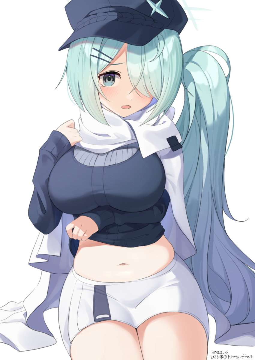 1girl aqua_hair blue_archive blue_eyes blue_hair blue_headwear blue_sweater breasts dated gradient_hair hair_ornament hair_over_one_eye hairclip hat highres hirota_fruit hiyori_(blue_archive) large_breasts long_hair long_sleeves looking_at_viewer midriff multicolored_hair navel scarf shorts side_ponytail simple_background sitting solo sweater tears thighs twitter_username white_background white_scarf white_shorts