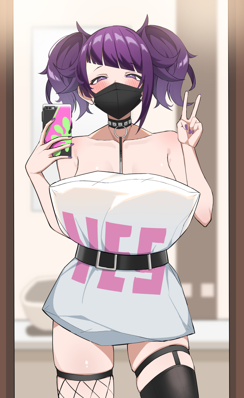 1girl absurdres asymmetrical_bangs asymmetrical_legwear bangs belt_buckle black_mask blunt_bangs blush buckle cellphone collarbone diagonal_bangs half-closed_eyes highres holding holding_phone idolmaster idolmaster_shiny_colors indoors looking_at_viewer mirror nail_polish phone pillow_challenge purple_eyes purple_hair selfie skindentation solo tanaka_mamimi twintails v yes-no_pillow za_yu_a