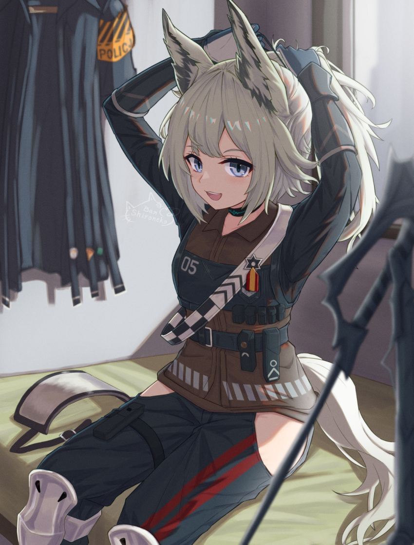 1girl :d animal_ears arknights armband backlighting bed_sheet black_coat black_gloves black_pants blue_eyes brown_shirt coat coat_removed collar collared_shirt commentary_request emblem gloves grani_(arknights) grey_hair highres hip_vent horse_ears horse_girl horse_tail indoors infection_monitor_(arknights) long_hair long_sleeves looking_at_viewer on_bed open_mouth pants ponytail shironekoban shirt signature sitting sitting_on_bed smile solo tail tying_hair visor_(armor) weapon window