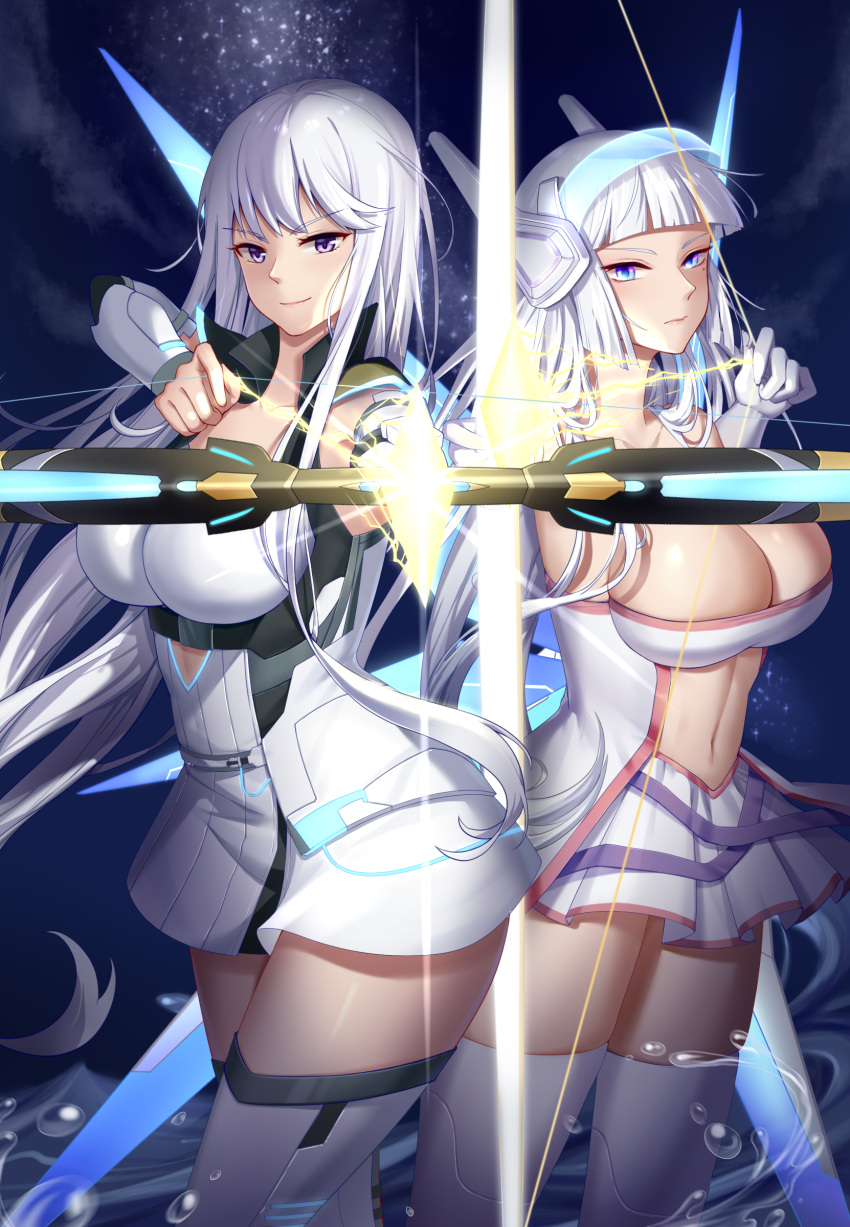 2girls absurdres alternate_costume arrow_(projectile) azur_lane bow_(weapon) breasts chinese_commentary cleavage commentary_request cowboy_shot drawing_bow enterprise_(azur_lane) grey_hair headset highres holding holding_bow_(weapon) holding_weapon illustrious_(azur_lane) long_hair looking_at_viewer multiple_girls star_(sky) thighhighs weapon xiaoli_(1507)