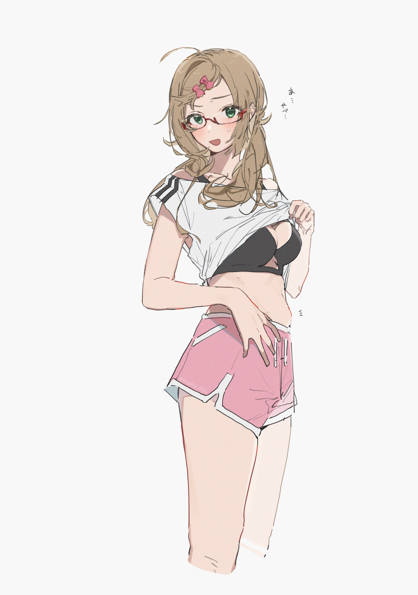 1girl :o ahoge alternate_costume alternate_hairstyle belly bespectacled black_bra blush bra breasts cleavage clothes_lift cropped_legs dolphin_shorts glasses green_eyes highres idolmaster idolmaster_cinderella_girls lifted_by_self light_brown_hair looking_at_viewer medium_breasts midriff navel off-shoulder_shirt off_shoulder pink_shorts sato_shin semi-rimless_eyewear shirt shirt_lift shorts simple_background solo sugata_dski sweatdrop twintails underwear white_background