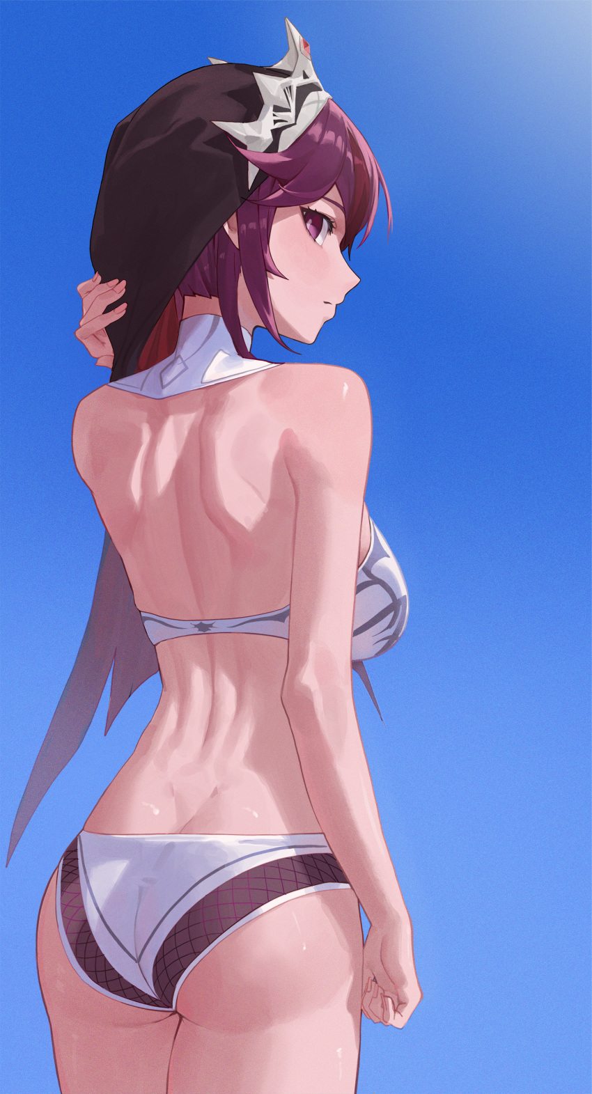 1girl absurdres ass back bikini blue_sky butt_crack closed_mouth commentary detached_collar dimples_of_venus from_behind genshin_impact habit hand_up highres looking_at_viewer looking_back purple_eyes purple_hair rosaria_(genshin_impact) short_hair sky so_shio solo swimsuit wet