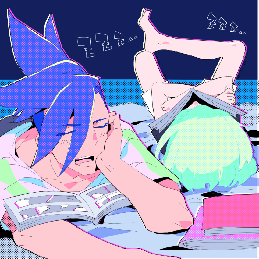 2boys androgynous blue_hair book cover cover_page crossed_arms galo_thymos green_hair highres lio_fotia lying male_focus mohawk multiple_boys on_stomach open_mouth promare short_hair sidecut sleeping wazuka_(wzzc)