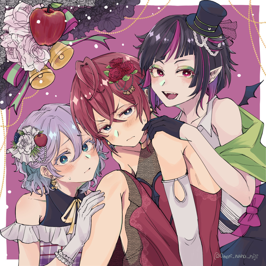 3boys ahoge apple armpit_crease artist_name bangs bare_shoulders bell black_flower black_gloves black_hair blue_eyes blush bright_pupils closed_mouth clover club_(shape) collarbone colored_eyelashes crossed_bangs dress earrings elbow_gloves epel_felmier eyeshadow fang flower food food-themed_hair_ornament frilled_gloves frills fruit furrowed_brow gloves green_eyeshadow grey_eyes grey_flower hair_between_eyes hair_flower hair_ornament hand_on_another's_leg hat heart heart_ahoge highres jewelry knee_up lilia_vanrouge looking_at_viewer makeup male_focus mini_hat mini_top_hat multicolored_hair multiple_boys n@na neck_ribbon open_mouth otoko_no_ko pink_eyes pink_hair pointy_ears purple_background purple_hair red_dress red_flower red_hair red_rose ribbon riddle_rosehearts rose sash short_hair sitting skull_earrings sleeveless smile spade_(shape) streaked_hair sweat top_hat twisted_wonderland twitter_username white_flower white_gloves white_pupils white_rose