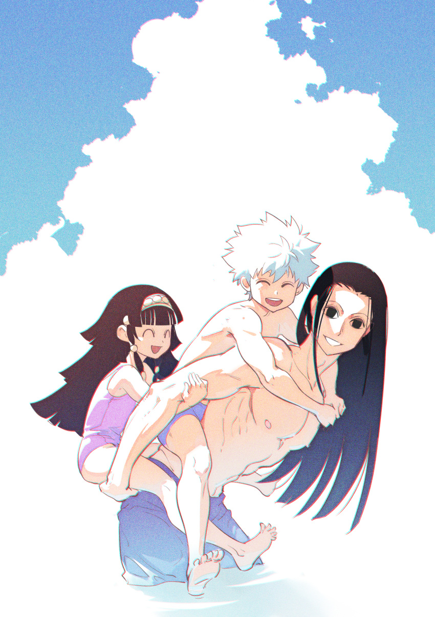 &lt;o&gt;_&lt;o&gt; 1other 2boys :d ^_^ absurdres alluka_zoldyck bangs barefoot black_eyes brothers carrying child closed_eyes cloud day expressionless facing_viewer from_side hair_slicked_back hairband hand_on_another's_arm happy highres hunter_x_hunter illumi_zoldyck kariki_hajime killua_zoldyck looking_at_viewer looking_to_the_side male_child male_swimwear multi-tied_hair multiple_boys nipples one-piece_swimsuit outstretched_arms outstretched_leg partially_submerged piggyback purple_swimsuit siblings sidelocks smile soles spiked_hair straight_hair swimsuit topless_male water white_hair