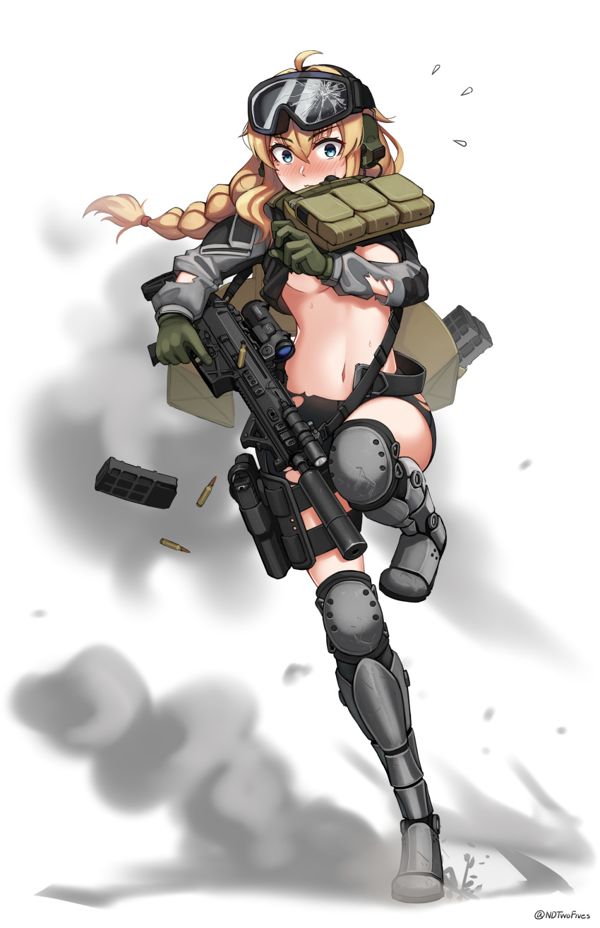 1girl absurdres ahoge bike_shorts black_legwear black_shorts blonde_hair blush boots braid breasts broken_glass bullet commentary_request cz_bren-2 ear_protection flying_sweatdrops full_body girls'_frontline glass gloves goggles goggles_on_head green_gloves grey_footwear grey_jacket gun hair_intakes highres holding holding_gun holding_weapon indie_virtual_youtuber jacket knee_boots knee_pads long_hair magazine_(weapon) medium_breasts navel ndtwofives nose_blush short_shorts shorts single_braid smoke solo standing standing_on_one_leg thighhighs thighhighs_under_boots torn_clothes torn_jacket torn_shorts twitter_username underboob weapon whiskey_project white_background