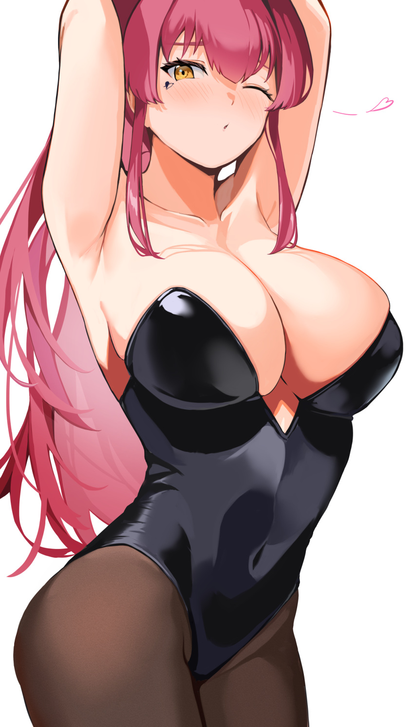 1girl absurdres alternate_costume armpits arms_up black_leotard blush breasts brown_legwear cleavage collarbone covered_navel covered_nipples cowboy_shot furrowed_brow highres hololive houshou_marine large_breasts leotard long_hair looking_at_viewer one_eye_closed pantyhose parted_lips playboy_bunny red_hair shinroji simple_background solo strapless strapless_leotard virtual_youtuber white_background yellow_eyes
