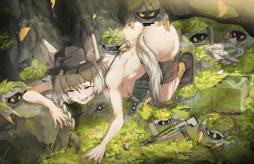 1girl absurdres all_fours animal_ear_fluff animal_ears ankle_boots arknights ass back bangs bar_censor beanstalk_(arknights) bestiality black_footwear black_headwear blush boots box braid breasts brown_shorts censored clothes_pull creature crossbow drooling eyebrows_visible_through_hair grass green_ribbon grey_hair hair_ribbon hanging_breasts highres kneehighs leash long_hair lownd medium_breasts metal_crab_(arknights) nipple_tweak nipples nude open_mouth red_eyes red_ribbon ribbon rock saliva shirt shirt_removed shorts shorts_pull side_braid tail torn_clothes torn_shirt tree vaginal yellow_legwear