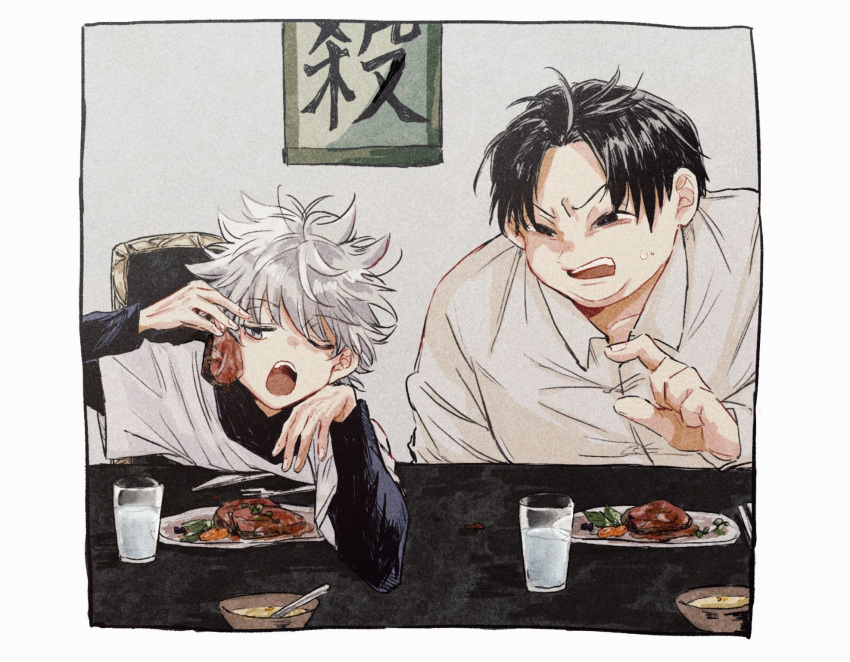 2boys ;o black_hair black_shirt border bow brothers chair chopsticks collared_shirt cup dress drinking_glass eating elbow_on_table fat fat_man food fork furrowed_brow grey_hair hand_up hands_up highres holding holding_food hunter_x_hunter killua_zoldyck knife layered_sleeves long_sleeves male_focus meat messy_hair milk milluki_zoldyck multiple_boys necomu one_eye_closed open_mouth plate pointing scolding shirt short_hair short_over_long_sleeves short_sleeves siblings spoon sweat turtleneck uneven_eyes upper_body white_shirt