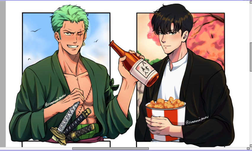 2boys bottle bucket_of_chicken cherry_blossoms chicken_(food) crossover day food fried_chicken grin holding holding_sword holding_weapon japanese_clothes katana kfc kimono male_focus multiple_boys obi one_piece open_clothes open_kimono outside_border pectoral_cleavage pectorals roronoa_zoro sake_bottle sash scar scar_on_chest sheath six_fanarts_challenge smile solo_leveling sophroniahaven sword weapon