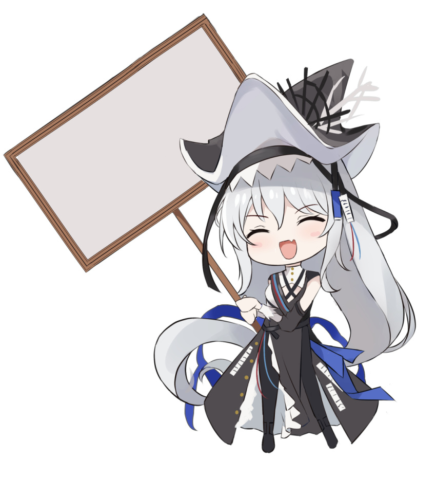 1girl :d arknights black_dress black_headwear black_legwear chibi closed_eyes dress fang full_body highres holding holding_sign long_hair long_sleeves multico pantyhose sign simple_background skin_fang smile solo specter_(arknights) specter_the_unchained_(arknights) template very_long_hair white_background white_hair