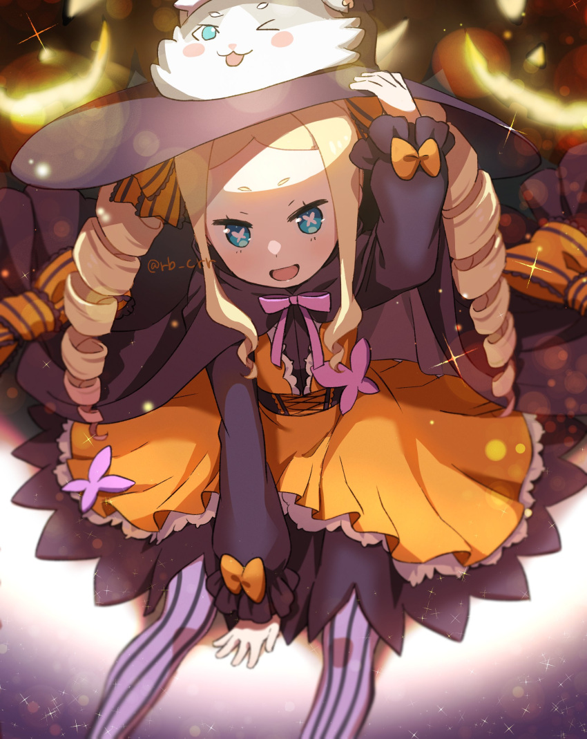 1girl absurdres beatrice_(re:zero) blonde_hair blue_eyes cape dress drill_hair halloween halloween_costume hat highres long_hair long_sleeves looking_at_viewer open_mouth re:zero_kara_hajimeru_isekai_seikatsu sidelocks sitting solo symbol-shaped_pupils twintails witch witch_hat yomo_(rb_crr)