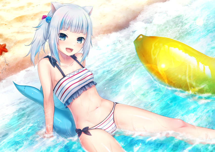 1girl animal_ears bangs beach bikini blue_hair blunt_bangs cat_ears eyebrows_visible_through_hair fish_tail gawr_gura hololive hololive_english kokkoasa looking_at_viewer medium_hair multicolored_hair navel shark_tail sharp_teeth sitting solo streaked_hair swimsuit tail teeth two_side_up virtual_youtuber water