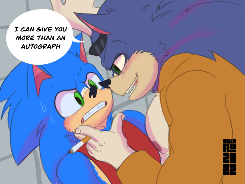 4:3 anthro brutalhero chip_'n_dale_rescue_rangers cigarette disney duo english_text eulipotyphlan eyewear eyewear_on_head flirting hedgehog hi_res male mammal sega sonic_the_hedgehog sonic_the_hedgehog_(series) sunglasses sunglasses_on_head text ugly_sonic