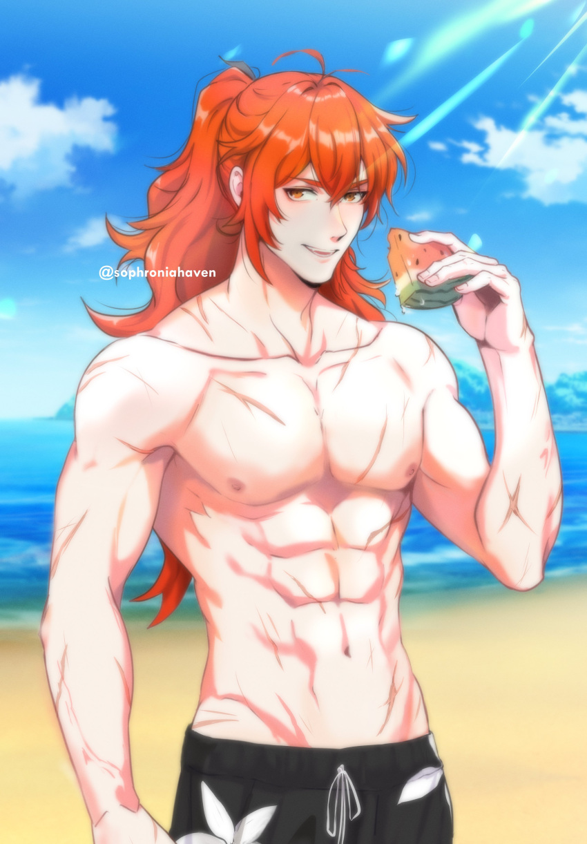 absurdres beach cowboy_shot day diluc_(genshin_impact) floral_print food fruit genshin_impact highres holding holding_food holding_fruit light_rays male_focus male_swimwear ocean outdoors pectorals print_male_swimwear sand scar scar_on_arm scar_on_chest shiny shiny_hair sophroniahaven sunlight toned toned_male watermelon_slice