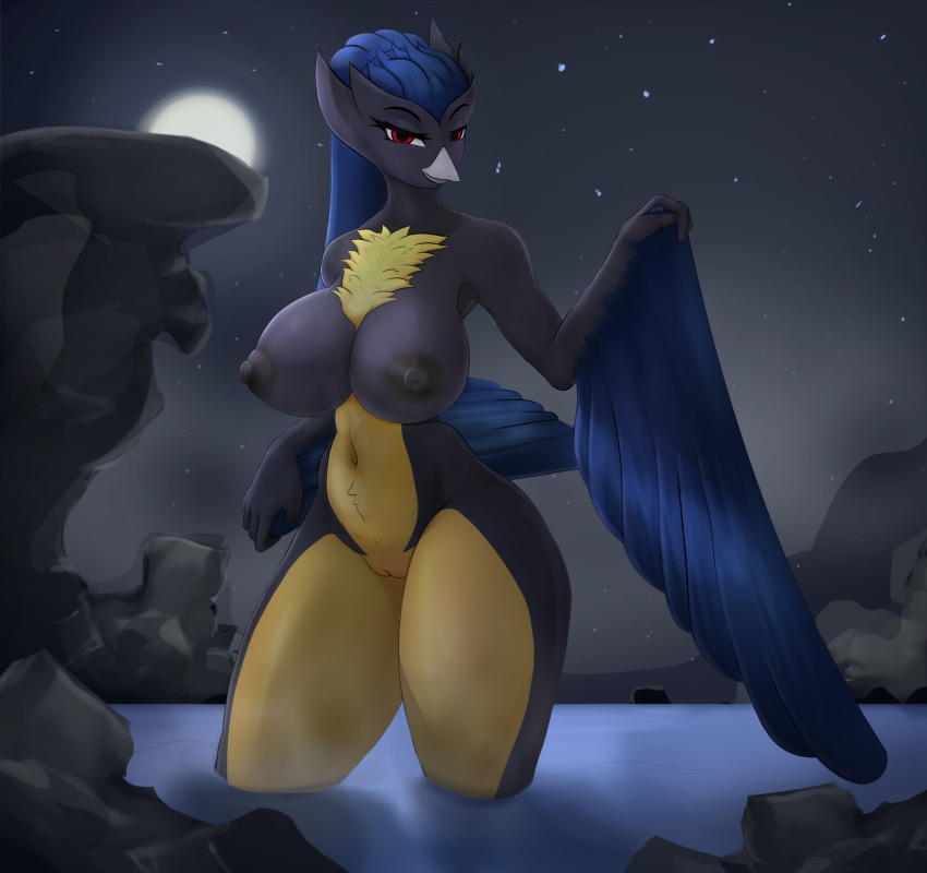 absurd_res anthro big_breasts blue_body blue_feathers blue_hair breasts dark_body feathers female fur hair hi_res hybrid looking_at_viewer moon nintendo nipples nude pok&eacute;mon pok&eacute;mon_(species) red_eyes rock rookidee solo video_games water wings yellow_body yellow_fur yokogami