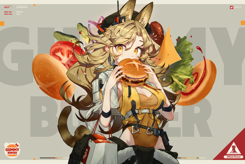 1girl animal_ear_fluff animal_ears arknights background_text bag bangs black_headwear blonde_hair blush breasts burger cat_ears cat_girl cat_tail cheese cleavage clothes_around_waist covered_navel cropped_jacket cucumber eating eyebrows_visible_through_hair food fur_trim grey_background highleg highleg_leotard highres holding holding_food jacket large_breasts leotard long_hair onion open_clothes open_jacket orange_leotard quercus_(arknights) rhodes_island_logo shopping_bag solo su-85_(su_85) tail tomato twitter_username underbust white_jacket yellow_eyes