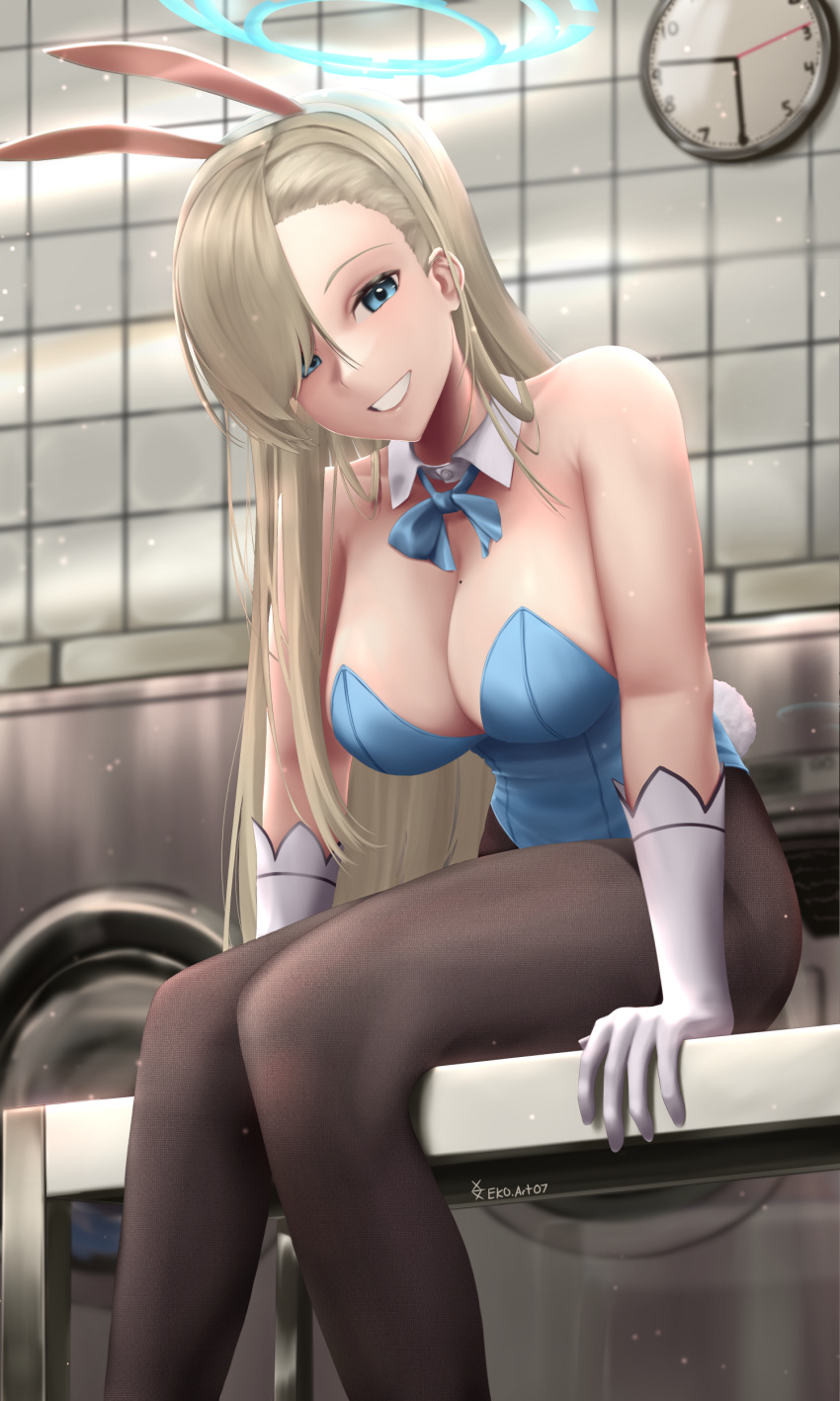 1girl absurdres animal_ears asuna_(blue_archive) asuna_(bunny)_(blue_archive) bangs bare_shoulders blue_archive blue_eyes blue_leotard blush breasts brown_legwear cleavage detached_collar eko.art elbow_gloves fake_animal_ears gloves grin hair_over_one_eye halo highleg highleg_leotard highres large_breasts leotard light_brown_hair long_hair looking_at_viewer mole mole_on_breast pantyhose playboy_bunny rabbit_ears sitting smile solo thighs white_gloves