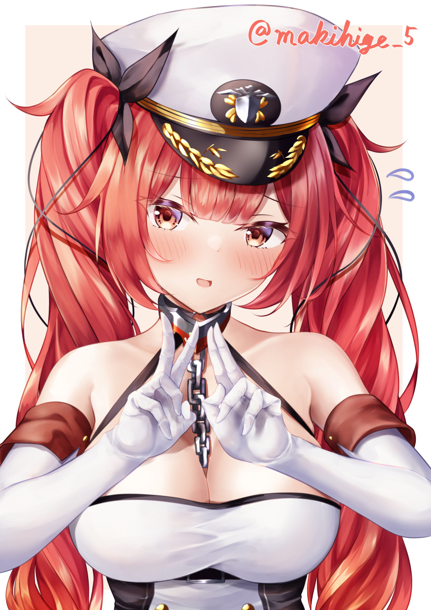 1girl absurdres artist_name azur_lane bare_shoulders between_breasts breasts chain cleavage collar double_v elbow_gloves gloves hat highres honolulu_(azur_lane) large_breasts long_hair looking_at_viewer makihige metal_collar military_hat necktie necktie_between_breasts orange_eyes peaked_cap red_hair roman_numeral simple_background solo twintails upper_body v white_background white_gloves white_headwear