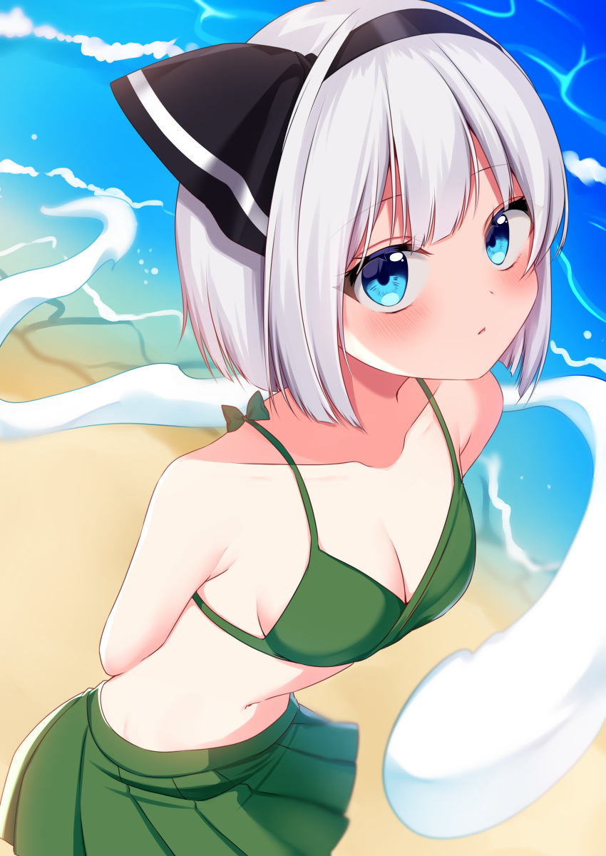 1girl absurdres bare_shoulders beach bikini blue_eyes blush bra commentary_request eyebrows_visible_through_hair eyes_visible_through_hair ghost green_bikini green_bra green_panties grey_hair highres hitodama konpaku_youmu konpaku_youmu_(ghost) looking_at_viewer looking_up ocean open_mouth panties sand shinonome_asu short_hair solo standing swimsuit touhou underwear water