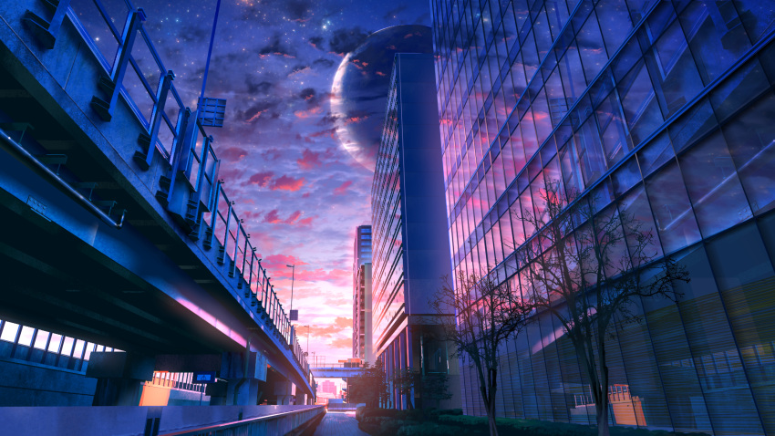 building bush city cityscape cloud commentary_request fantasy highres highway moon night night_sky no_humans original outdoors overpass reflection scenery sky smile_(qd4nsvik) tree
