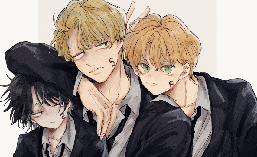 3boys arm_on_head arm_rest bags_under_eyes black_hair black_jacket black_necktie blonde_hair closed_mouth collared_shirt facial_mark feitan formal frown green_eyes hand_up head_on_another's_shoulder height_difference highres hunter_x_hunter jacket light_brown_hair long_sleeves looking_at_another looking_at_viewer looking_away male_focus multiple_boys necktie necomu parted_lips phinx sanpaku shalnark shirt sidelocks smirk suit upper_body v white_shirt
