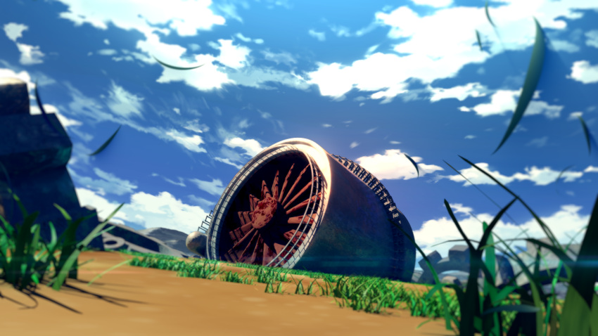 blender_(medium) blue_sky cloud commentary_request day grass highres no_humans original outdoors photoshop_(medium) sand scenery sky terabyte0120 turbine