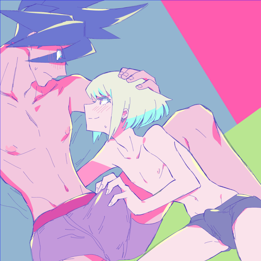 2boys androgynous black_male_underwear blue_eyes blue_hair blush bulge crotch_grab earrings erection erection_under_clothes eyes_visible_through_hair galo_thymos green_hair hand_on_another's_head highres jewelry lio_fotia looking_at_another male_focus male_underwear mohawk multiple_boys navel nipples promare short_hair sidecut single_earring spiked_hair sweatdrop topless_male underwear wazuka_(wzzc) yaoi