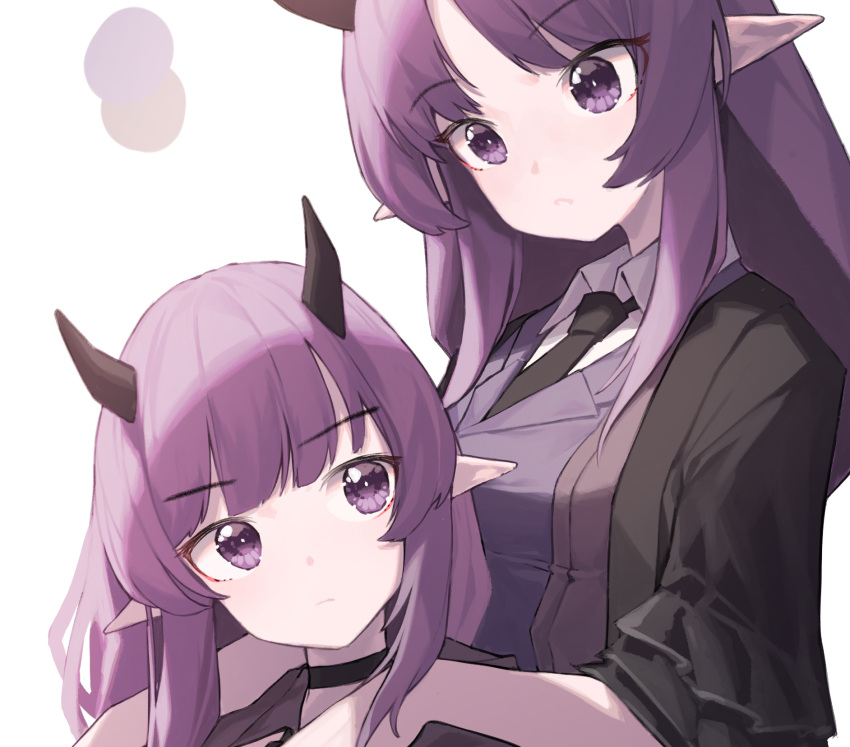 2girls arknights bangs beudelb black_choker black_jacket black_necktie blunt_bangs breasts choker closed_mouth eyebrows_visible_through_hair hands_on_another's_shoulders hibiscus_(arknights) hibiscus_the_purifier_(arknights) highres horns jacket lava_(arknights) lava_the_purgatory_(arknights) long_hair looking_at_another looking_at_viewer medium_breasts multiple_girls necktie open_clothes open_jacket parted_bangs pointy_ears purple_eyes purple_hair short_sleeves siblings simple_background sisters twins upper_body white_background wing_collar
