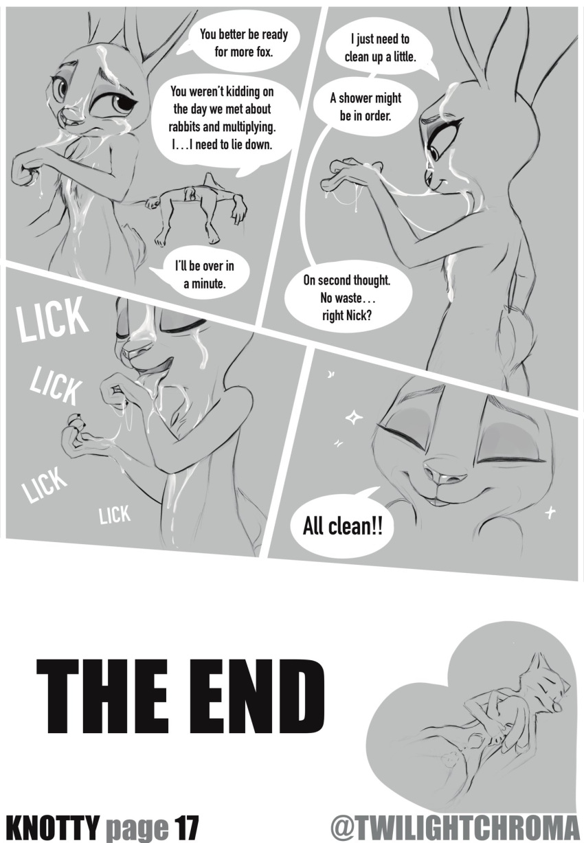 animal_genitalia animal_penis anthro bodily_fluids butt canid canine canine_penis comic cuddling cum cum_on_body cum_on_face cum_string dialogue dialogue_box disney duo erection eyes_closed female fox genital_fluids genitals hi_res judy_hopps lagomorph licking_cum long_ears looking_pleasured lying male male/female mammal nick_wilde open_mouth penis short_tail simple_background size_difference smile tired tongue tongue_out twilightchroma zootopia
