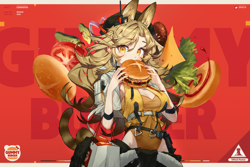 1girl animal_ear_fluff animal_ears arknights background_text bag bangs black_headwear blonde_hair blush breasts burger cat_ears cat_girl cat_tail cheese cleavage clothes_around_waist covered_navel cropped_jacket cucumber eating eyebrows_visible_through_hair food fur_trim highleg highleg_leotard highres holding holding_food jacket large_breasts leotard long_hair onion open_clothes open_jacket orange_leotard quercus_(arknights) red_background rhodes_island_logo shopping_bag solo su-85_(su_85) tail tomato twitter_username underbust white_jacket yellow_eyes
