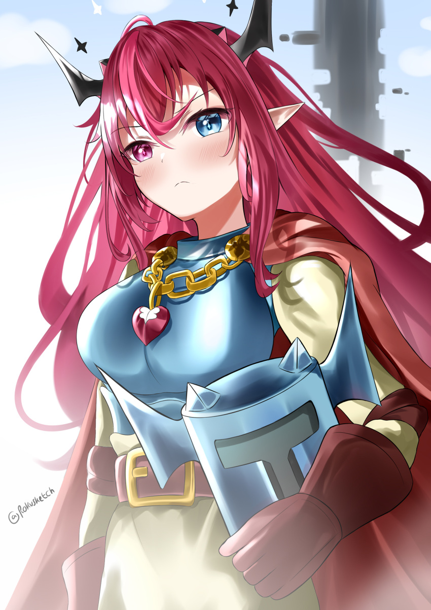 1girl absurdres armor bangs blue_eyes brown_gloves cape cosplay gloves headwear_removed helmet heterochromia highres holding hololive hololive_english horns irys_(hololive) jewelry jump_king jump_king_(character) jump_king_(character)_(cosplay) locket long_hair multicolored_hair pendant pointy_ears purple_eyes purple_hair red_hair rokusketch virtual_youtuber