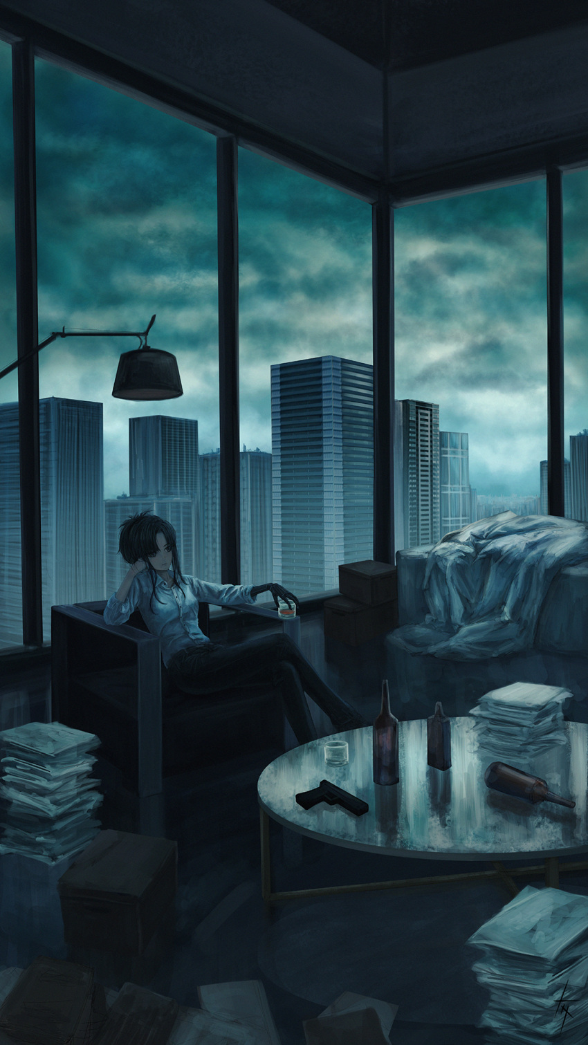 angelia_(girls'_frontline) bangs bed bed_sheet black_pants bottle box breasts building ceiling city cityscape cloud cloudy_sky collarbone commentary couch crossed_legs cup dindsau drink drinking_glass english_commentary file floor girls'_frontline grey_sky gun handgun hanging_light highres holding holding_cup indoors lamp leaning looking_to_the_side mechanical_arms medium_breasts on_couch on_table pants paper paperwork pile_of_paper pistol pleated_shirt prosthesis prosthetic_arm rain shirt sidelocks signature sitting sky skyscraper sleeves_rolled_up staring table tumbler weapon white_shirt window